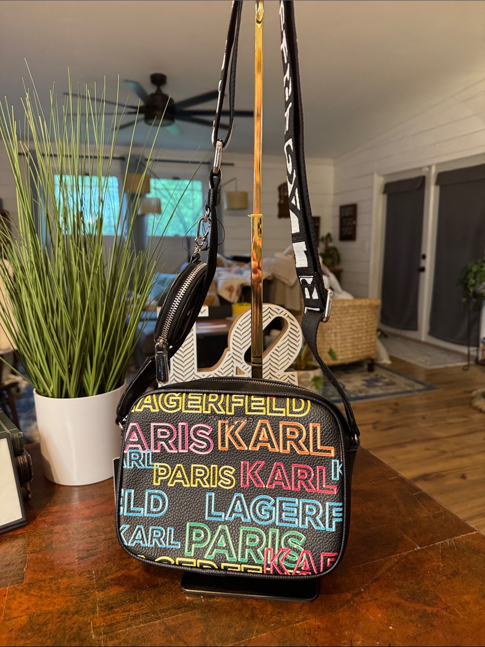 Karl Lagerfeld Black Multicolor Logo Print Crossbody Bag